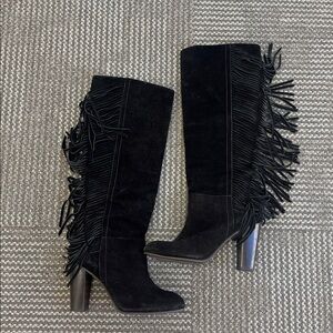 Diane Von Furstenberg Black Suede Fringe Knee High Heeled Boots, size 8.5